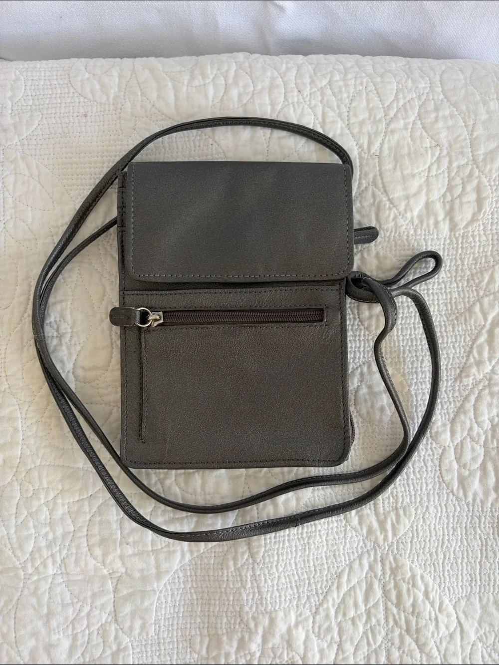Sleek Gray Women's Crossbody Bag with Front and Side Zip Pockets